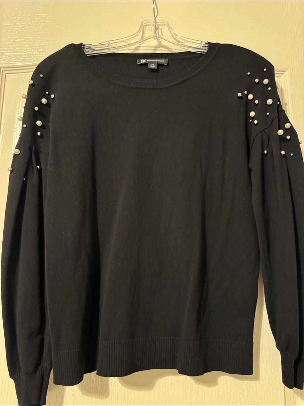 INC International Concepts Black Crewneck Sweater with Pearl Accents